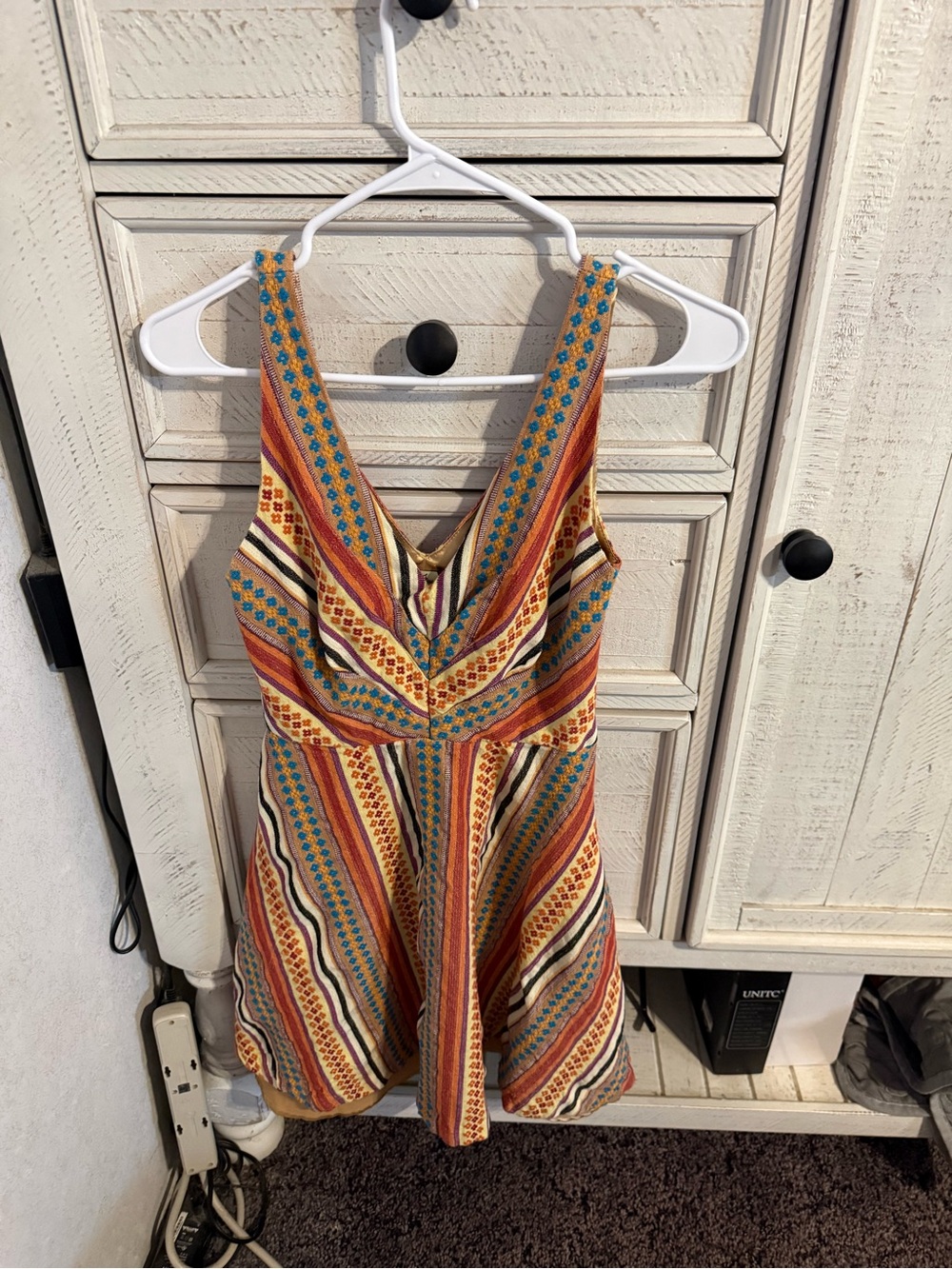 Eva Franco Multicolor Striped V-Neck Mini Dress in Mustard, Teal, Rust, Cream